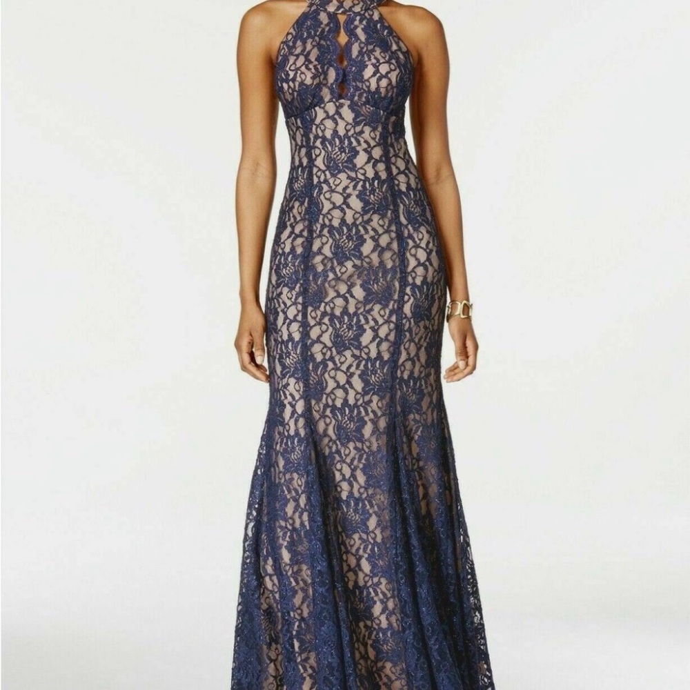 Night Way Collections Navy Backless Lace Dress